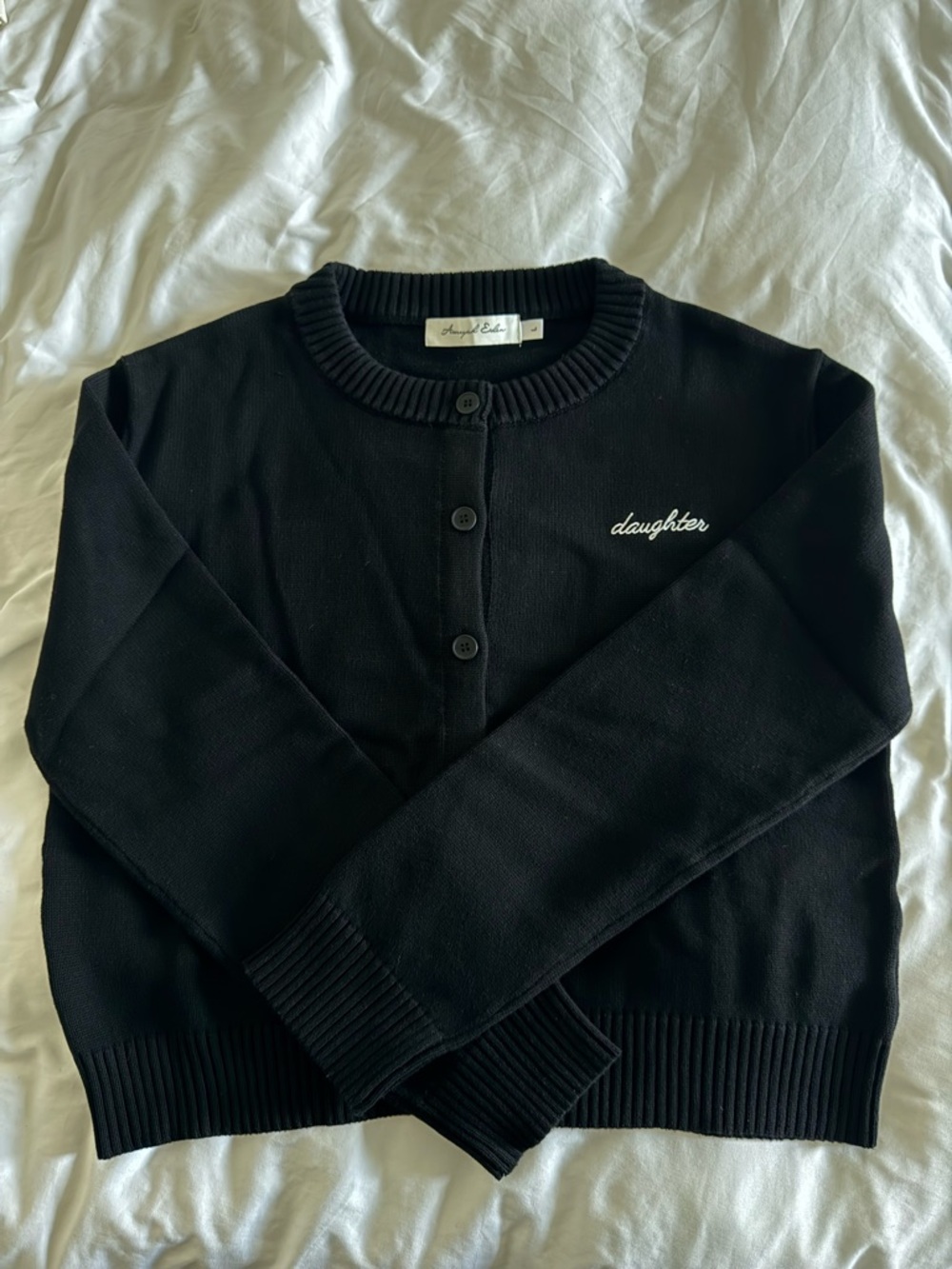 Daughter Embroidered Black Crewneck Cardigan Sweater